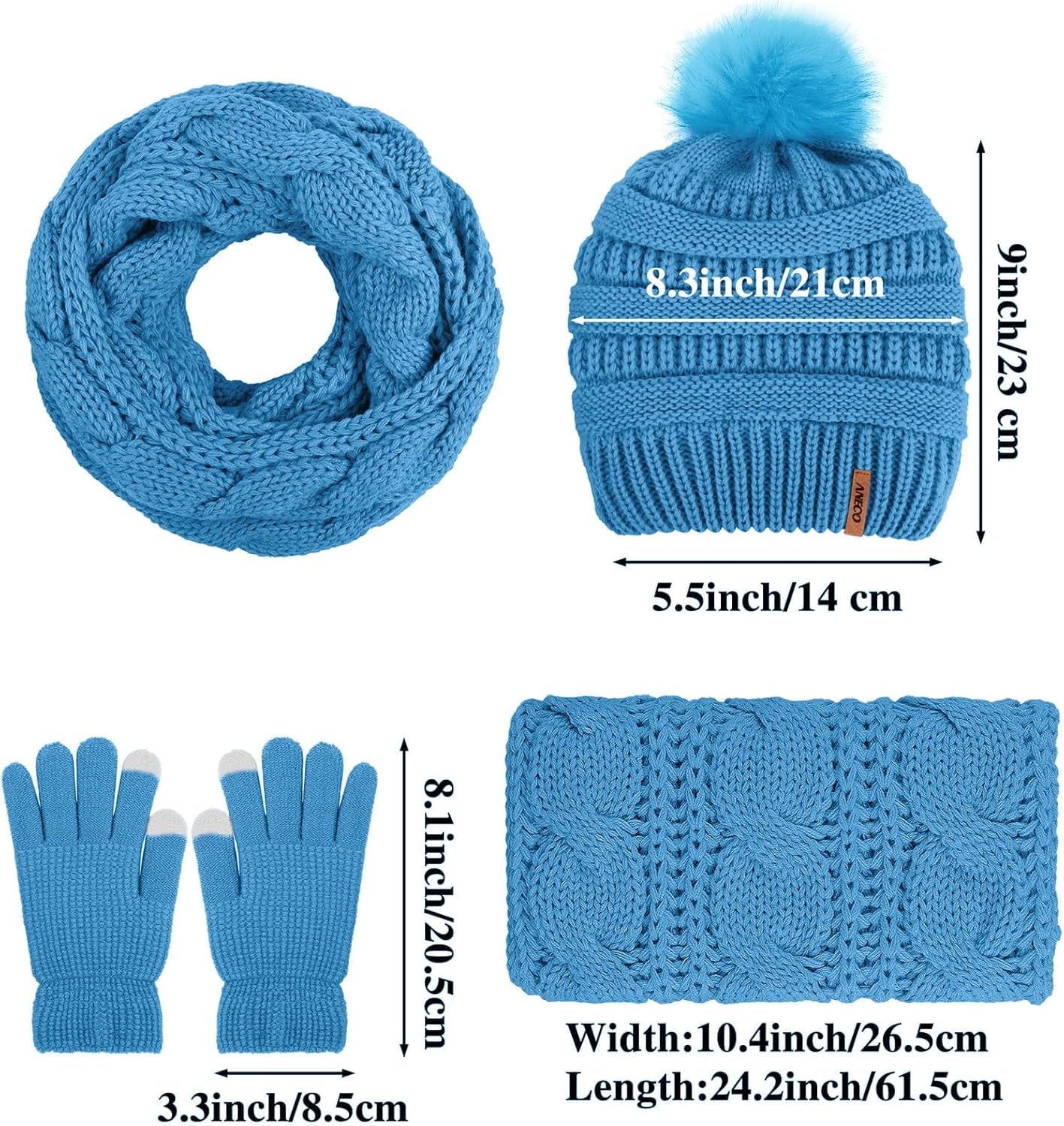 Womens Winter Warm Sets Knitted Fur Pompoms Beanie Hat Circle Loop Scarf Touch Screen Gloves Winter Favor Accessories