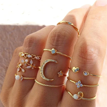 10 Pcs Rings Suit For Women Gold-color Chain Ring Set Bohemian Style Coin Snake Moon Star Party Trend Gift Jewelry