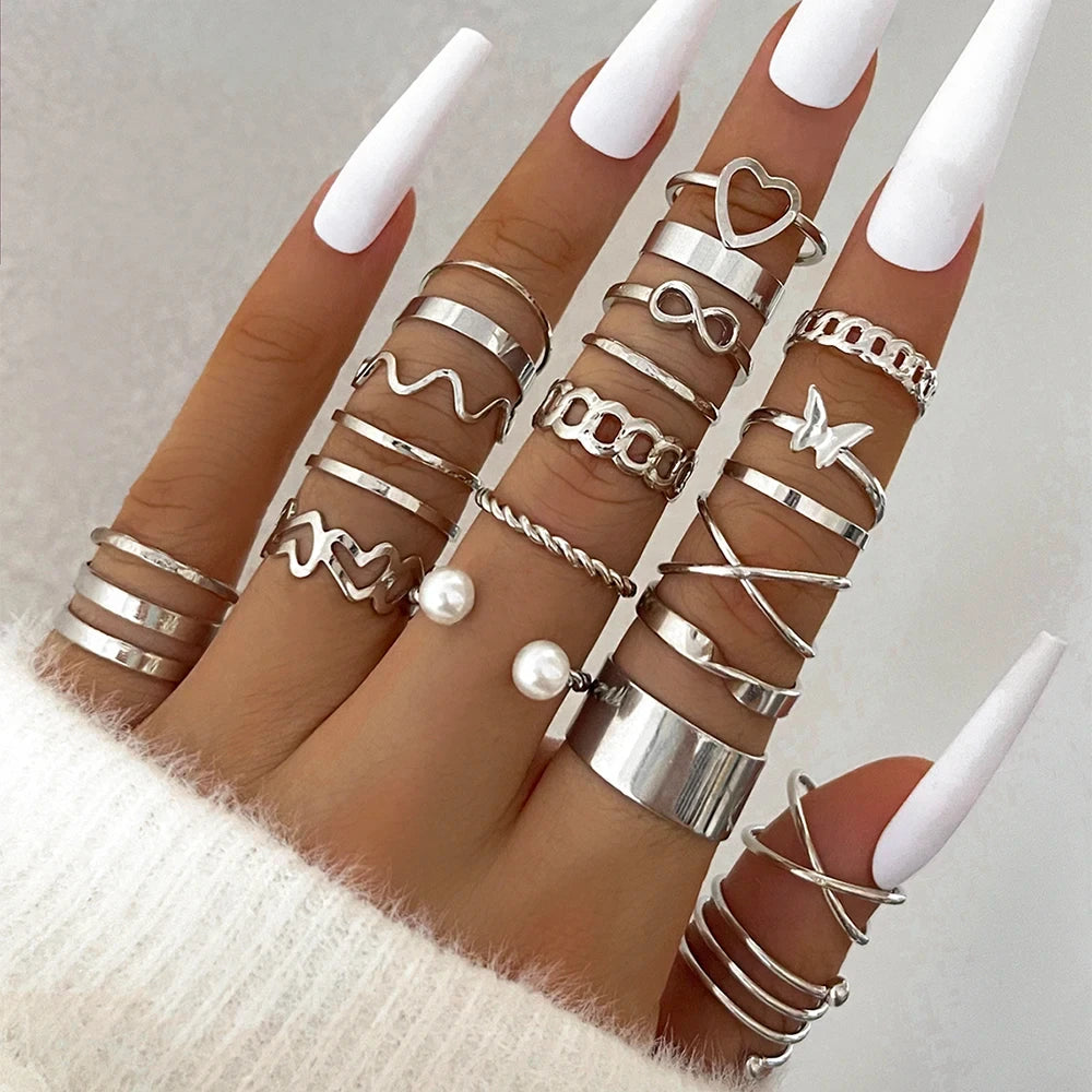 10 Pcs Rings Suit For Women Gold-color Chain Ring Set Bohemian Style Coin Snake Moon Star Party Trend Gift Jewelry