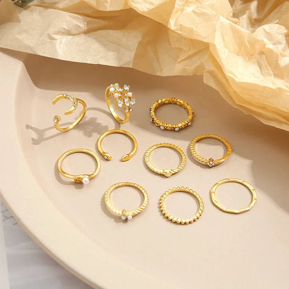 10 Pcs Rings Suit For Women Gold-color Chain Ring Set Bohemian Style Coin Snake Moon Star Party Trend Gift Jewelry