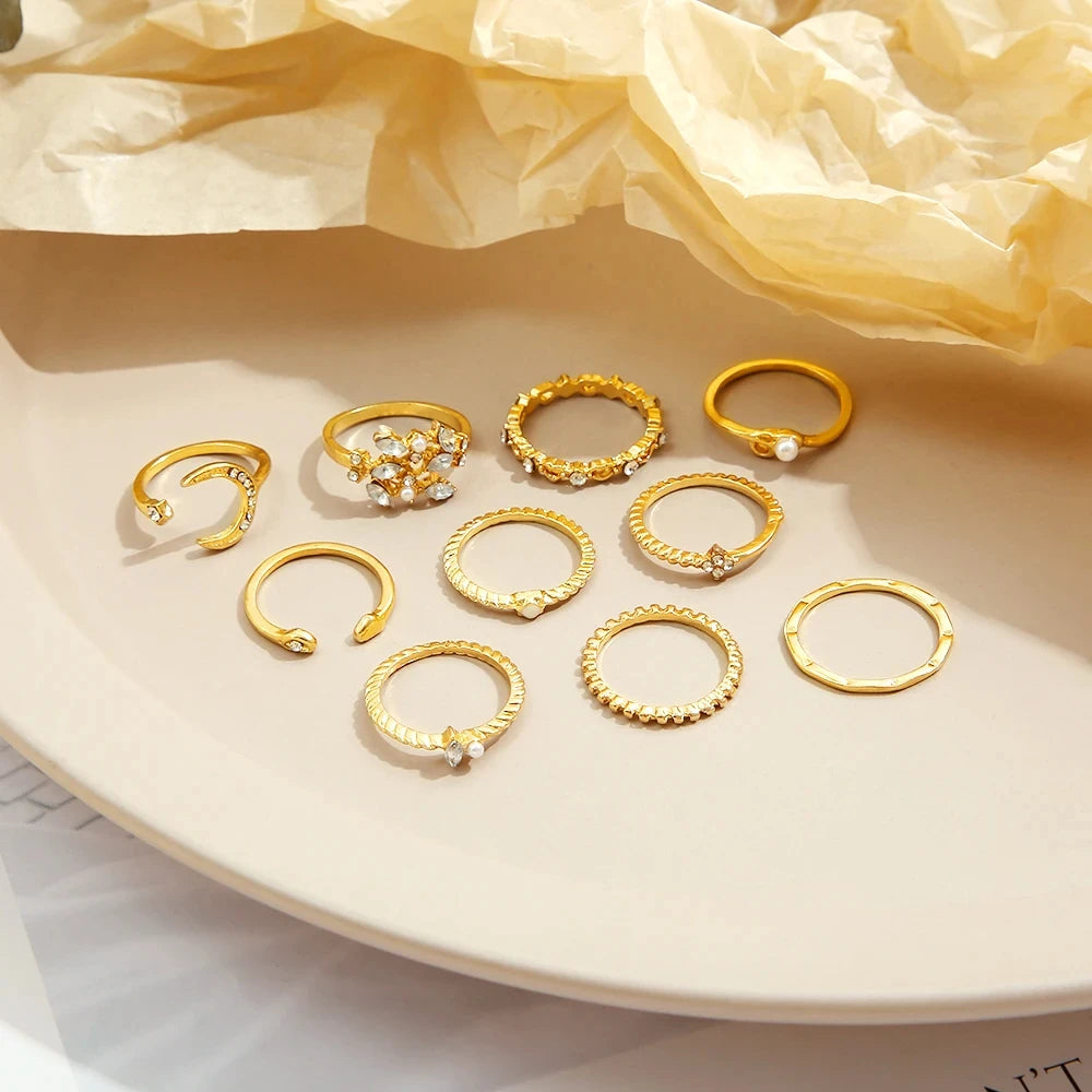 10 Pcs Rings Suit For Women Gold-color Chain Ring Set Bohemian Style Coin Snake Moon Star Party Trend Gift Jewelry