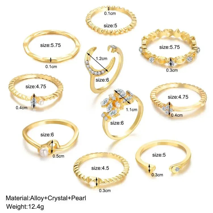 10 Pcs Rings Suit For Women Gold-color Chain Ring Set Bohemian Style Coin Snake Moon Star Party Trend Gift Jewelry